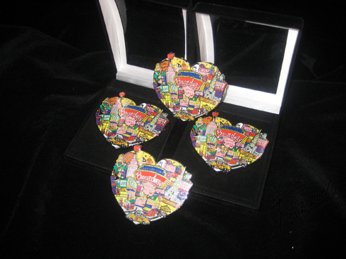 Fazzino-broadway-pins Image of 4 of Fazzino's broadway themed pins int he shape of a heart