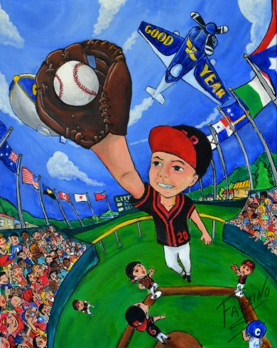 A young boy jumps up to catch a baseball in this colorful Fazzino inspired baseball artwork