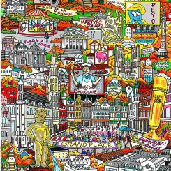 A scene of Brussels, Belgium focusing on the main icons of the area and the famous Mannekin Pis statue