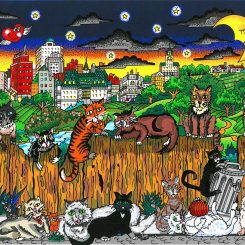 3D pop art about cats serenading the moon