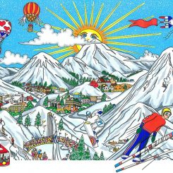 Downhil skiers and ski jumpers against a background of pristine snow-capped mountains