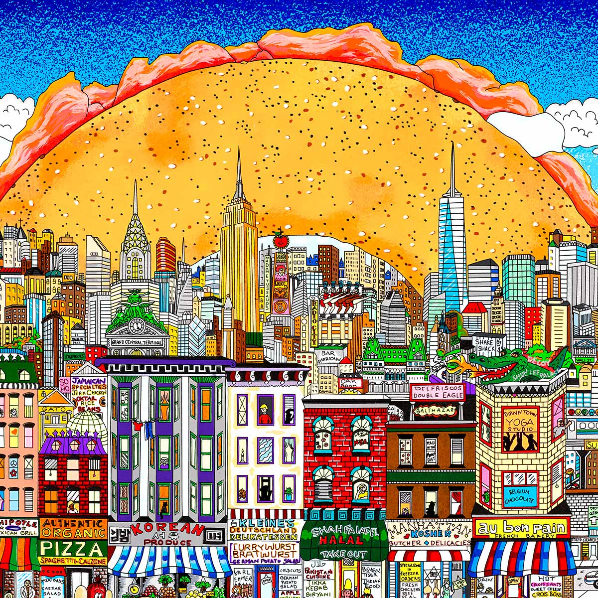 A giant bagel looms over a NYC skyline like the sun in the sky