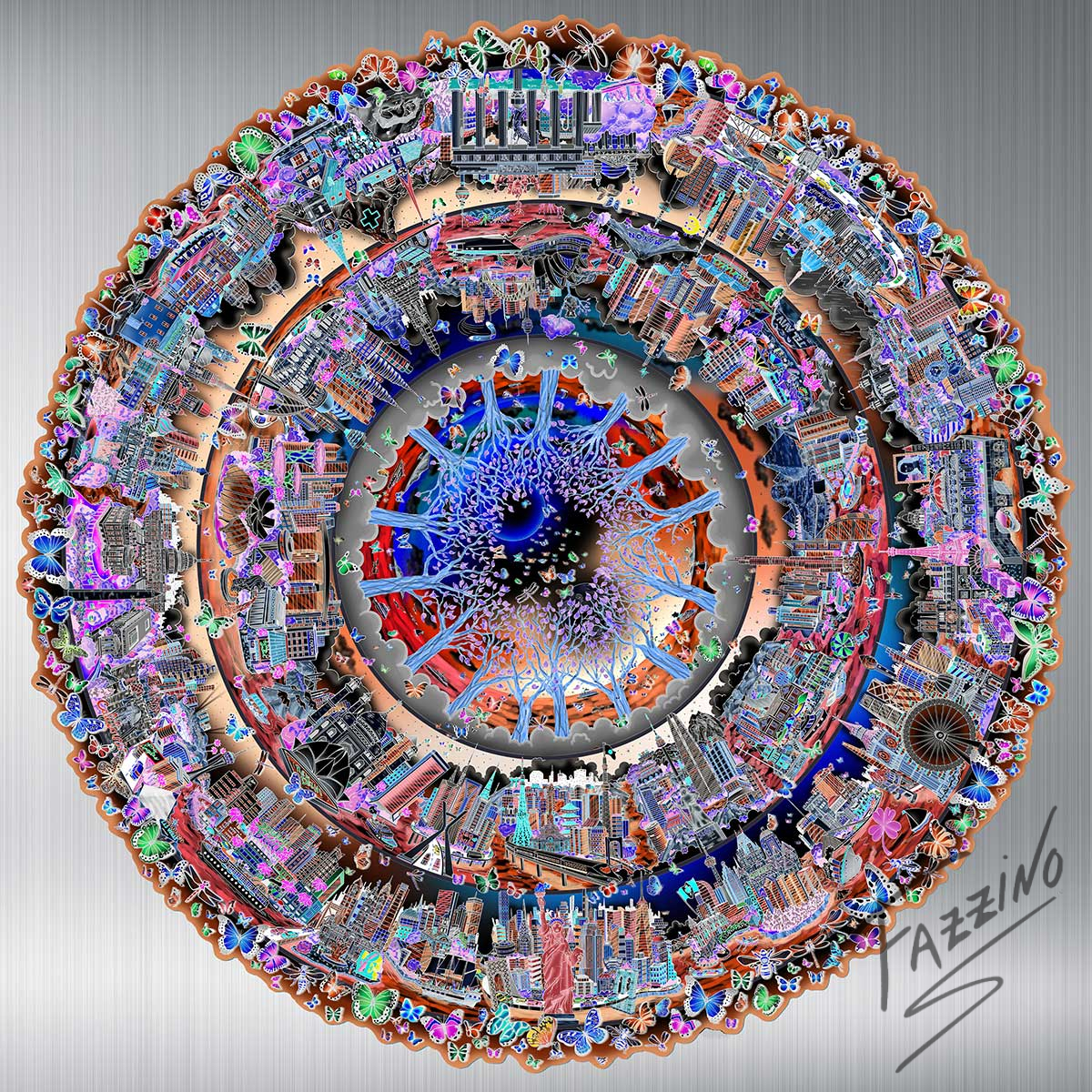 Fazzino's One World The Circle of Life in chromatic is a round limited edition featuring cityscapes and landmarks from around the globe radiating from a circle of trees in the center