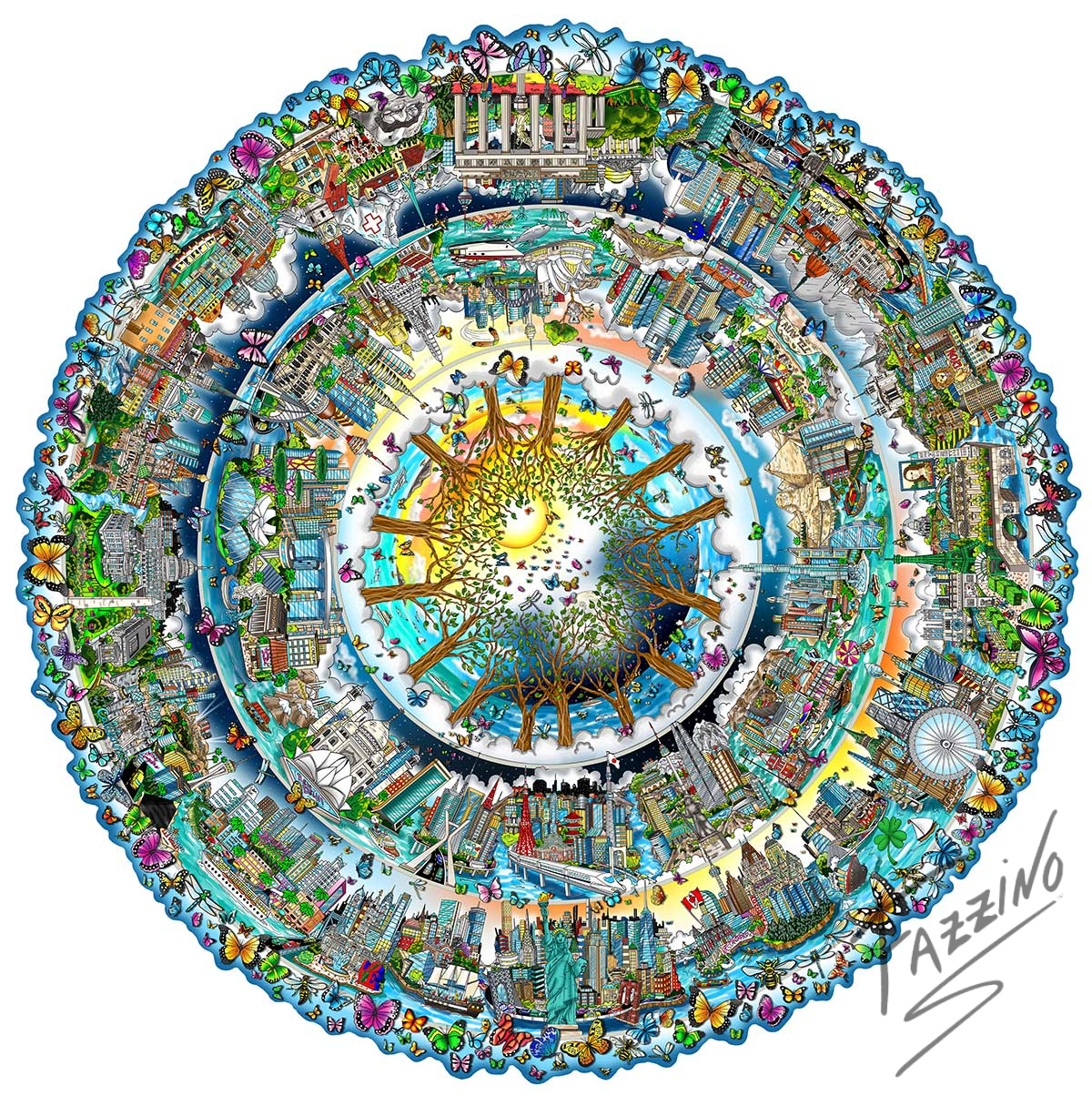 Fazzino's One World The Circle of Life in full color is a round limited edition featuring cityscapes and landmarks from around the globe radiating from a circle of trees in the center