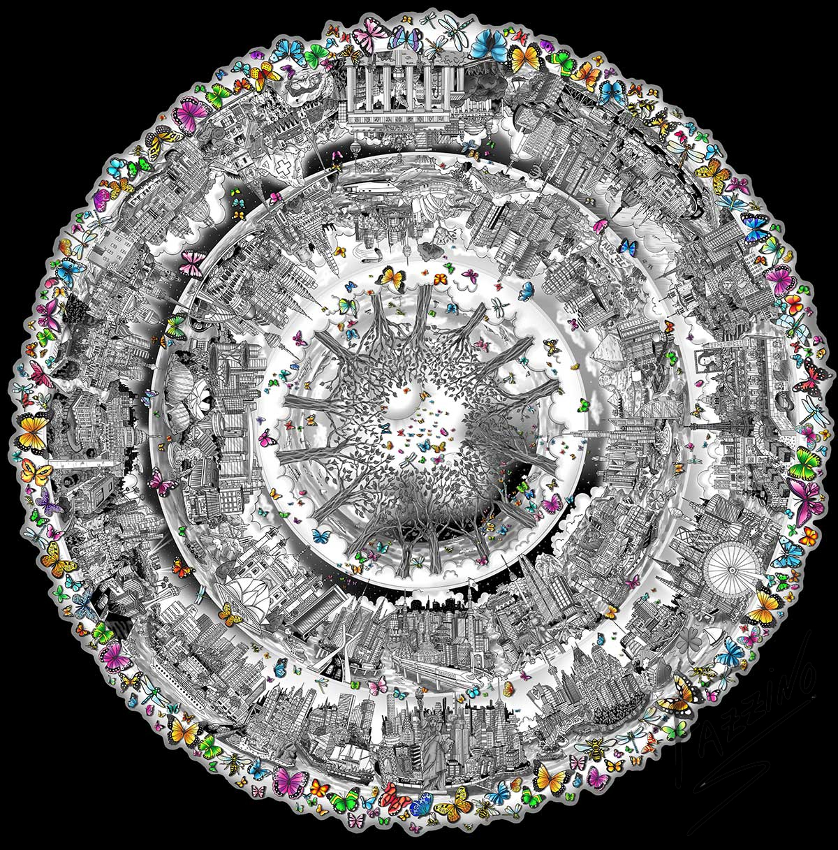 Fazzino's One World The Circle of Life in black and white is a round limited edition featuring cityscapes and landmarks from around the globe radiating from a circle of trees in the center