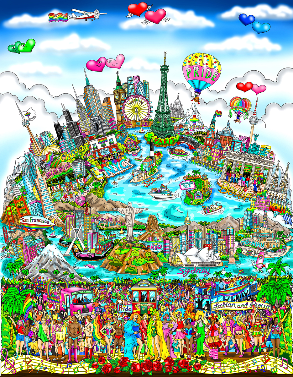 Celebrating Pride with rainbow balloons in the sky and people celebrating the event across the world