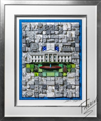 Fazzino's artwork for The People's House in the style of a quilt with small patchwork moments in the history of the White House set on a blue background and inside a matted silver frame