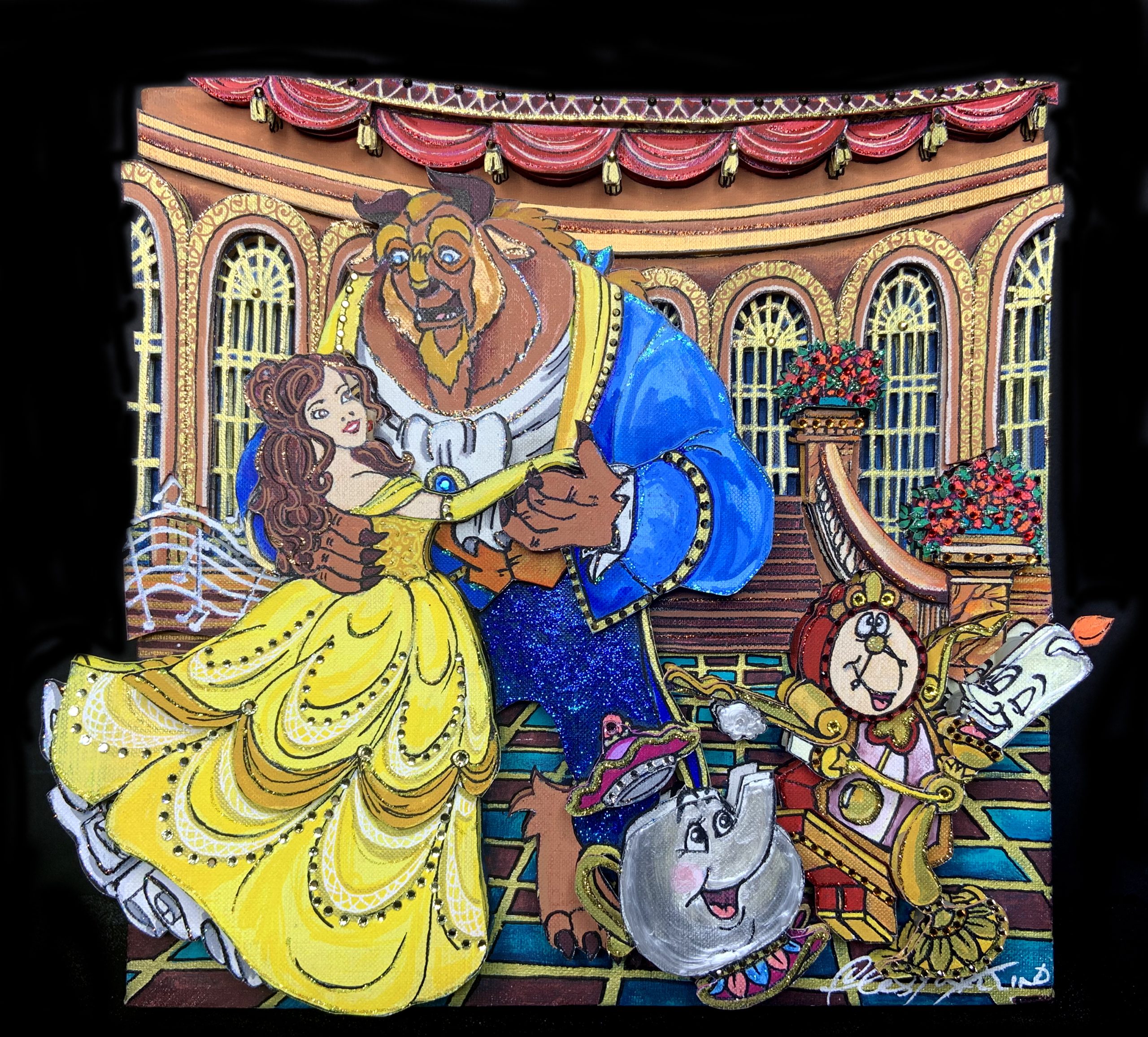 Bell, Beauty, in her yellow tiered dress dances with the Beast in his blue tux in this Disney classic
