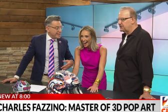 Two news anchors look over Charles Fazzino's artwork with astonishment as he talks about the lengthy process to create them in preparation for a show in Denver