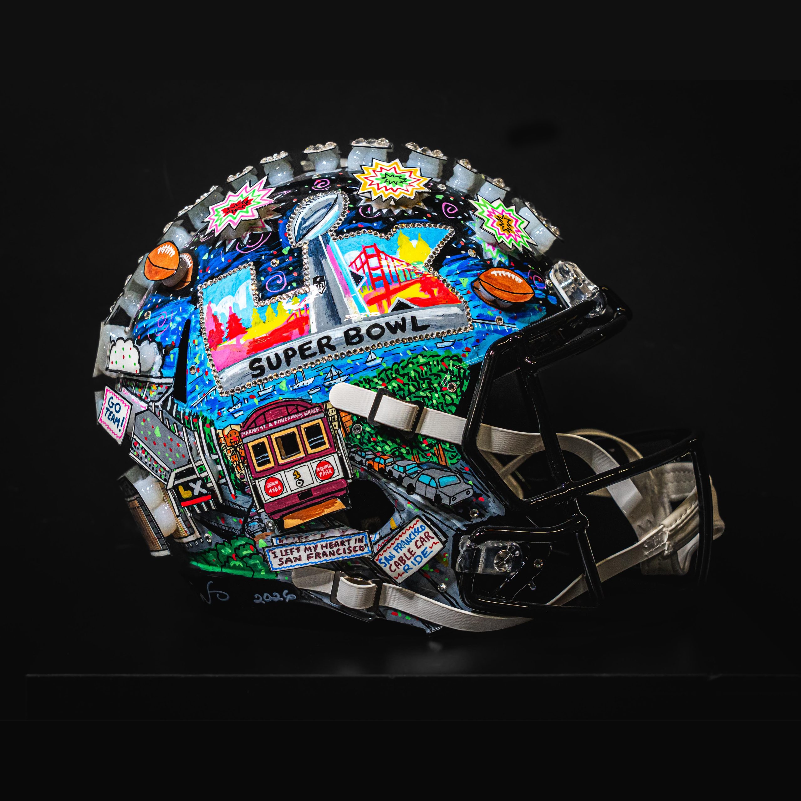 The side view of the hand-painted helmet for Super Bowl LX