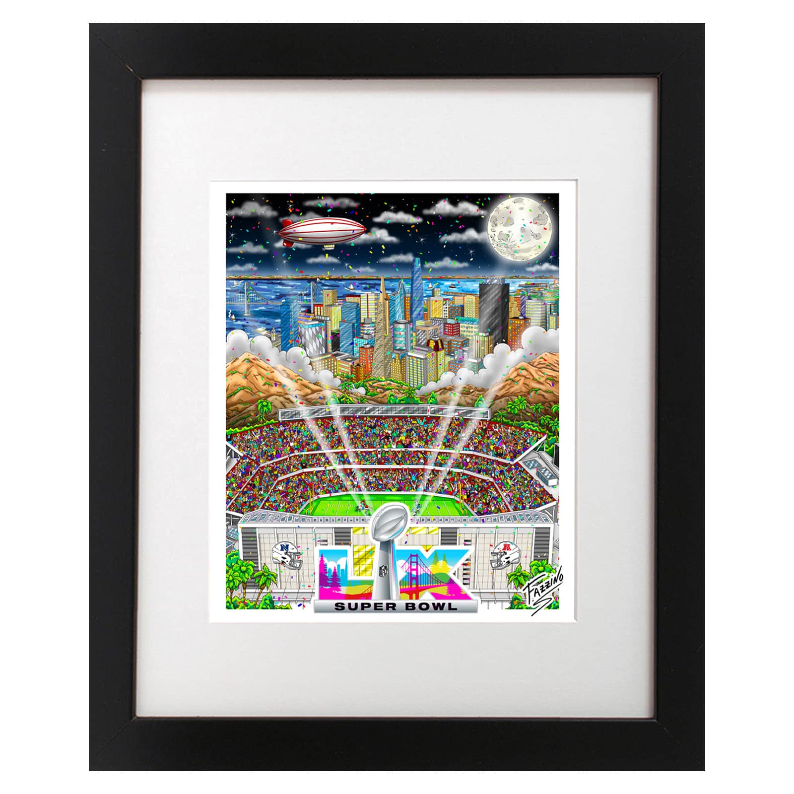 A mini print of Super Bowl LX celebrating 60 years and featuring the stadium with cheering fans and the Santa Clara skyline
