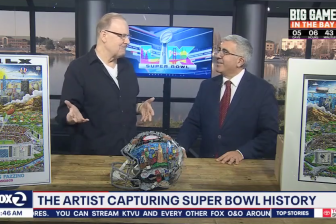 Fazzino in the Fox News local studio in San Francisco alongside his art collection for the Super Bowl LX game