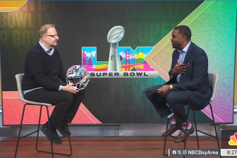Fazzino sat down with NBC Bay Area KNTV Marcus Washington to talk about Super Bowl LX and the helmet he is holding in his hand created for the event