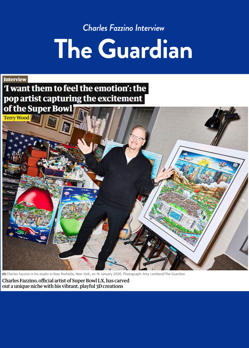 A photo of Fazzino in his studio alongside the Super Bowl LX collection used for an article in The Guardian