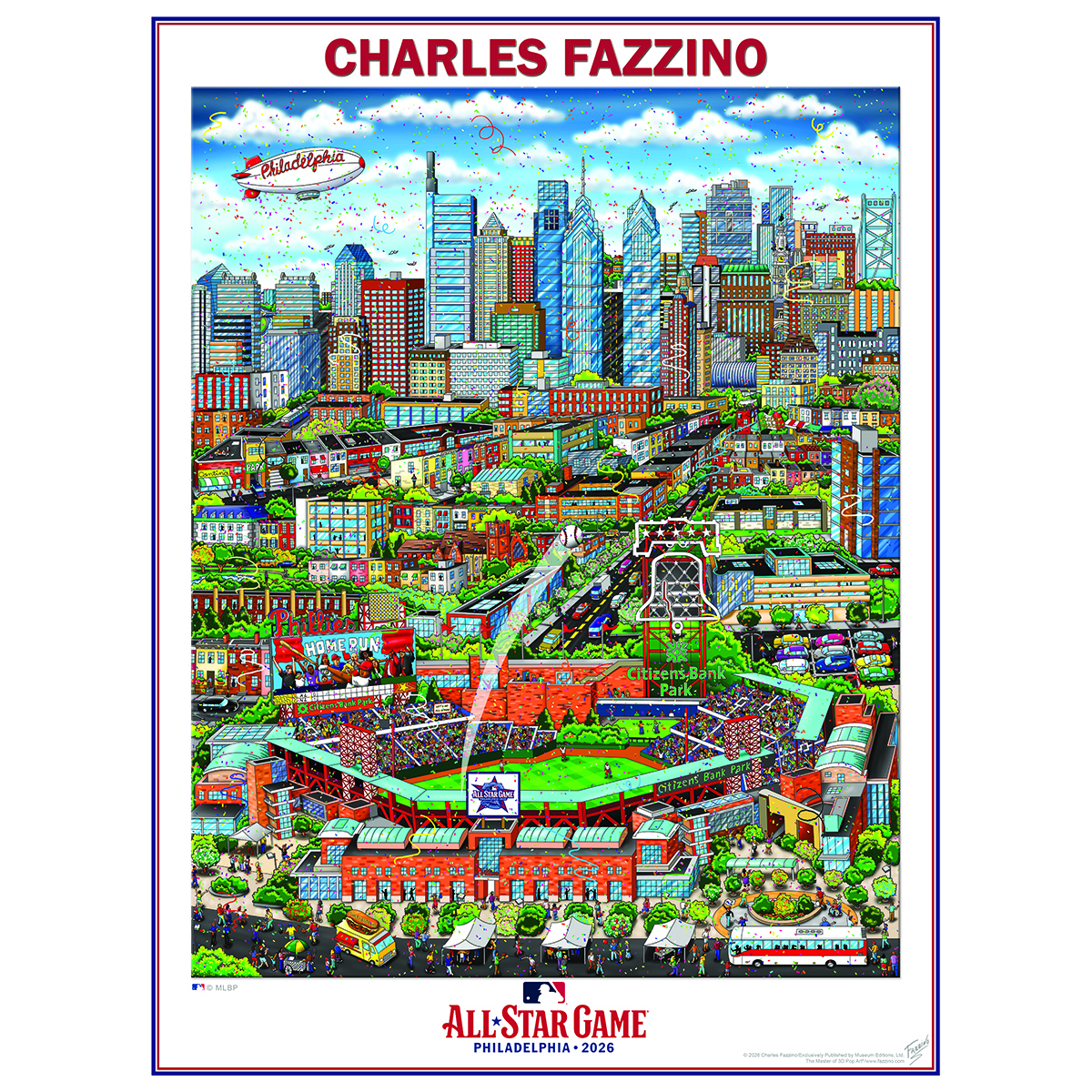 Fazzino's 2026 All-Star Game poster for the MLB featuring a Philly skyline and fan in the stadium