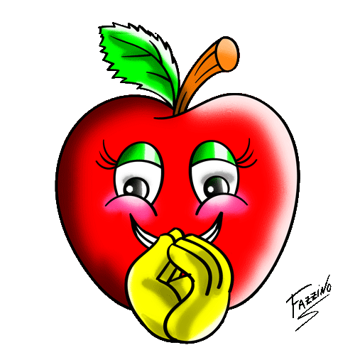 A red apple emoji with a green stem on top has it's hand in front of its mouth as it holds back giddy laughter