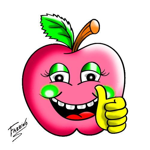 A pink apple emoji with a green leaf on top give a thumbs up or like sign with it's hand