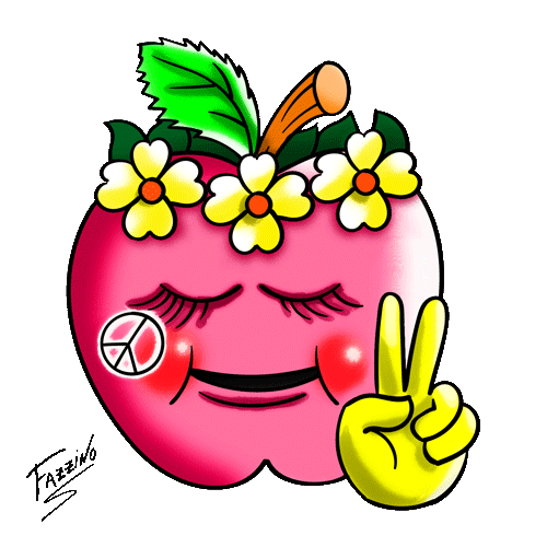 A pink apple emoji with a green leaf on top and a headband of flowers around it's head holds up a peace sign with it's two fingers
