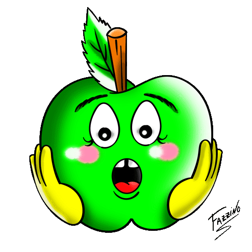 A green apple with a green leaf on top has it's two hands holding the sides of its face in shock and awe