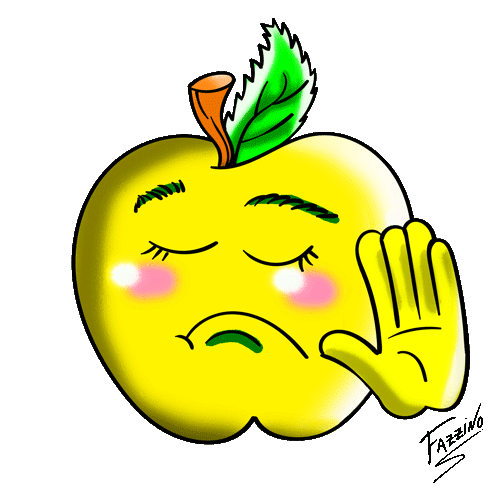 A yellow apple emoji with its eyes closed holds its hand up as if to say no thank you