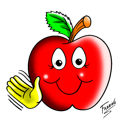 A red apple emoji with a green leaf on the top waves hello