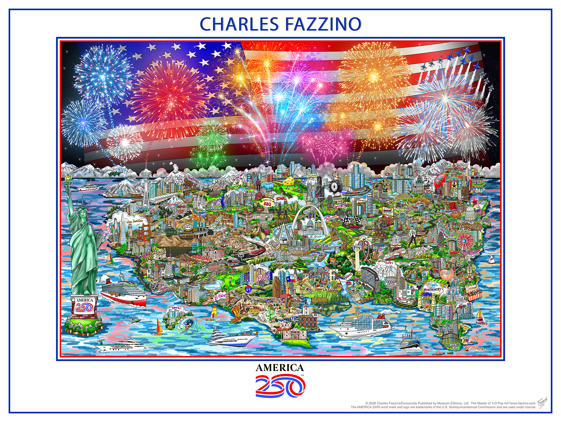 Fazzino's America 250 poster celebrates the anniversary with iconic landmarks from all 50 states