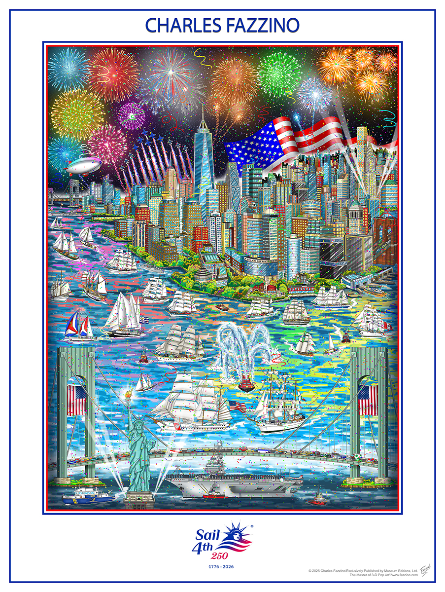Fazzino's Sail 4th 250 poster celebrates the tall ships coming into NY Harbor
